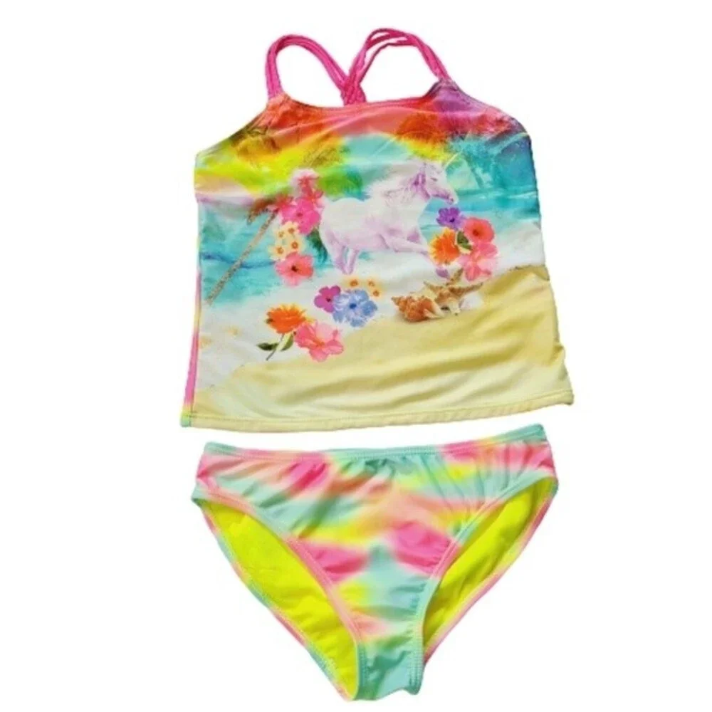 Wonder Nation Girls Sz M 7/8 Unicorn Tankini Bikini 2 Pcs UPF 50+